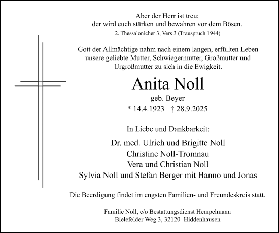 Traueranzeige von Anita Noll von Neue Westfälische und Westfalen-Blatt