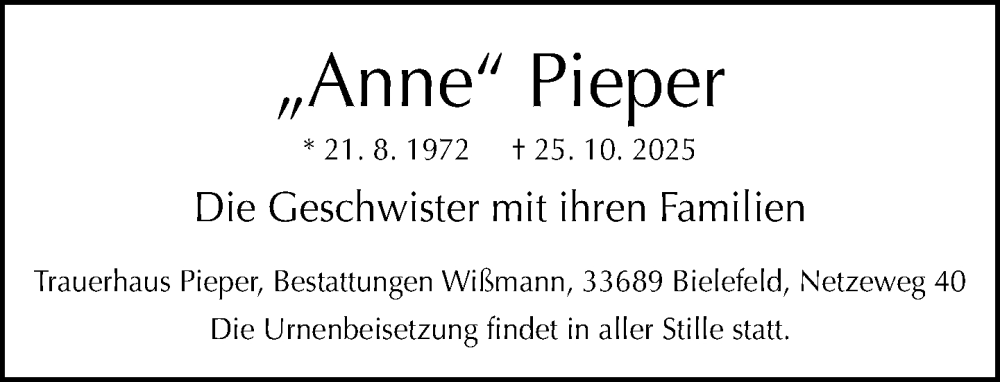  Traueranzeige für Anne Pieper vom 31.10.2025 aus Neue Westfälische und Westfalen-Blatt