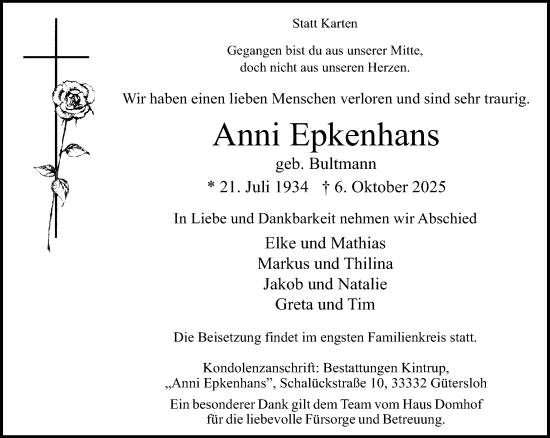 Traueranzeige von Anni Epkenhans von Neue Westfälische und Westfalen-Blatt