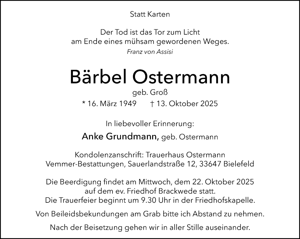  Traueranzeige für Bärbel Ostermann vom 18.10.2025 aus Neue Westfälische und Westfalen-Blatt