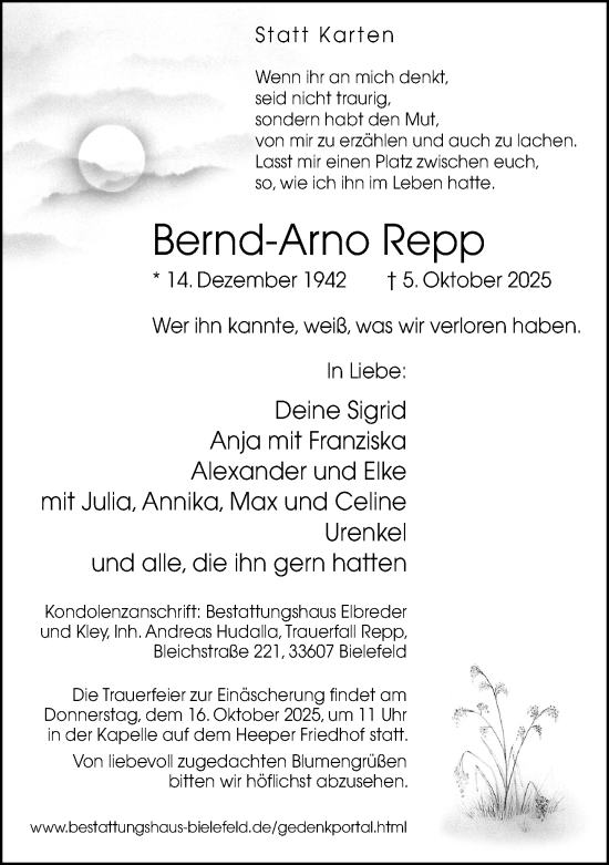 Traueranzeige von Bernd-Arno Repp von Neue Westfälische und Westfalen-Blatt