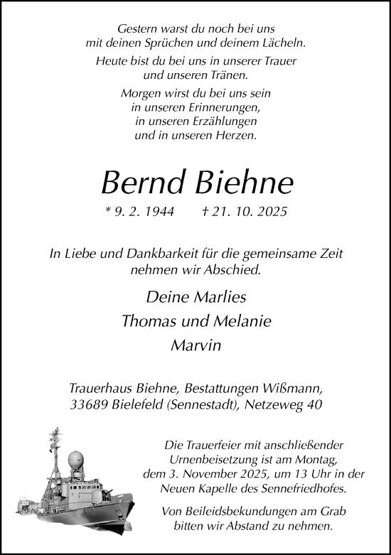 Traueranzeige von Bernd Biehne von Neue Westfälische und Westfalen-Blatt