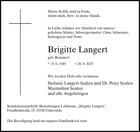 Traueranzeige von Brigitte Langert von Neue Westfälische und Westfalen-Blatt