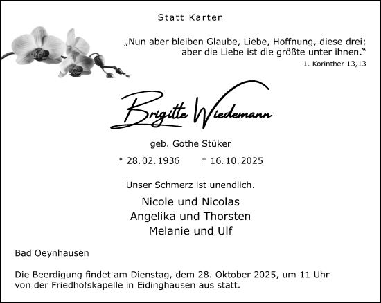 Traueranzeige von Brigitte Wiedemann von Neue Westfälische und Westfalen-Blatt