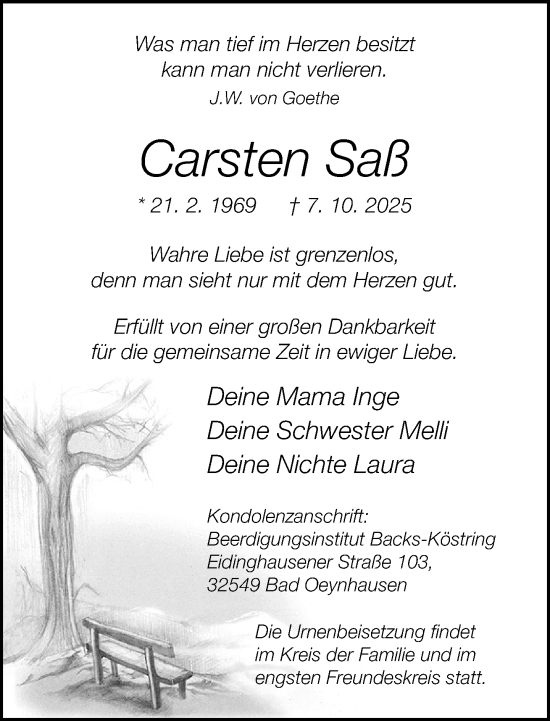 Traueranzeige von Carsten Saß von Neue Westfälische und Westfalen-Blatt