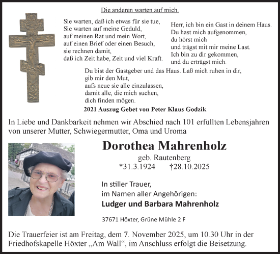 Traueranzeige von Dorothea Mahrenholz von Neue Westfälische und Westfalen-Blatt
