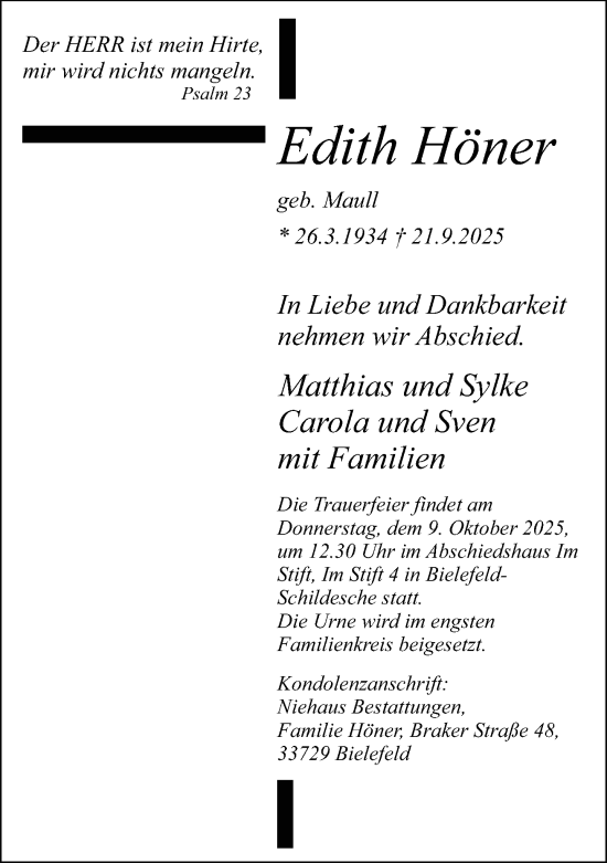 Traueranzeige von Edith Höner von Neue Westfälische und Westfalen-Blatt