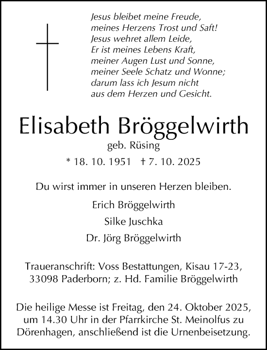 Traueranzeige von Elisabeth Bröggelwirth von Neue Westfälische und Westfalen-Blatt