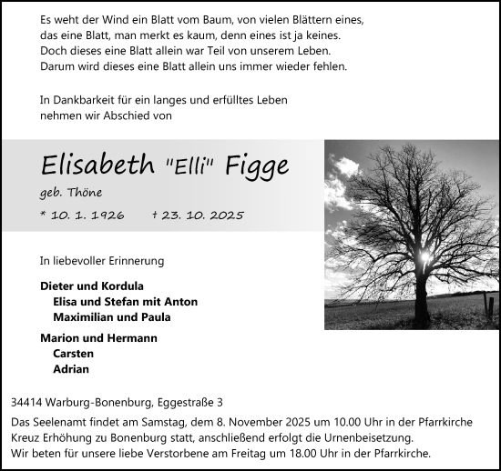 Traueranzeige von Elisabeth Figge von Neue Westfälische und Westfalen-Blatt