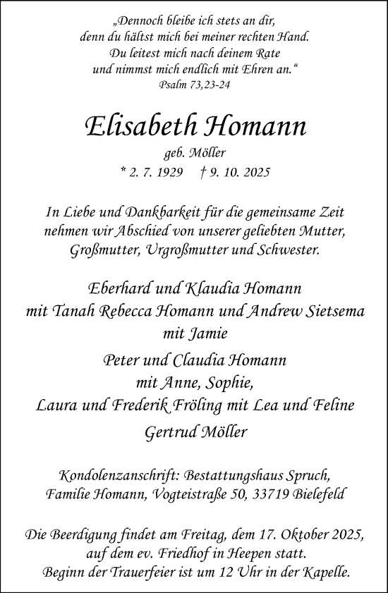 Traueranzeige von Elisabeth Homann von Neue Westfälische und Westfalen-Blatt