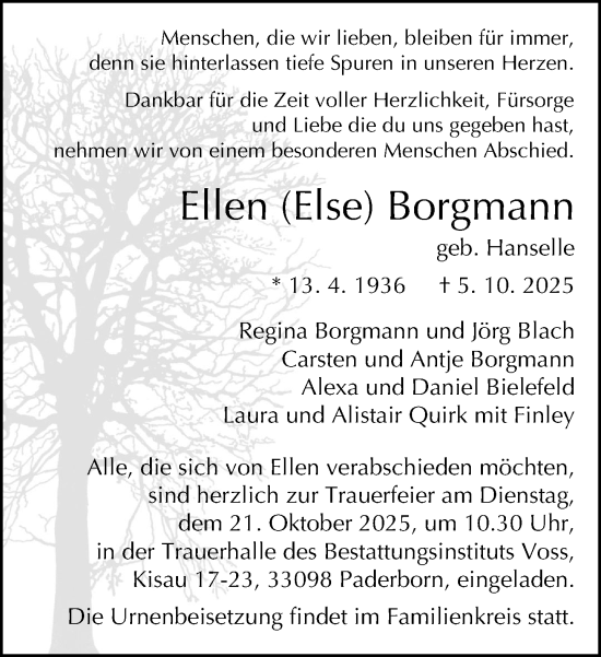 Traueranzeige von Ellen Borgmann von Neue Westfälische und Westfalen-Blatt