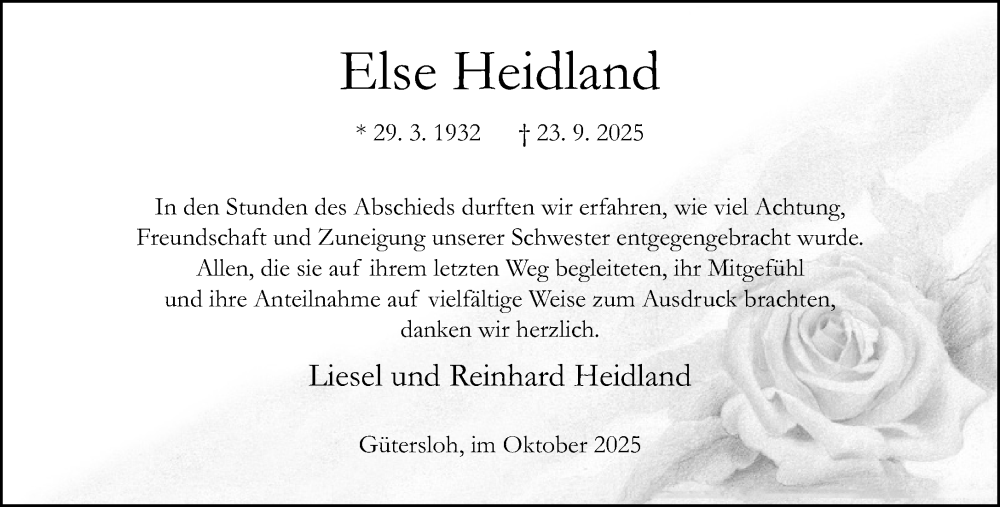  Traueranzeige für Else Heidland vom 25.10.2025 aus Neue Westfälische und Westfalen-Blatt