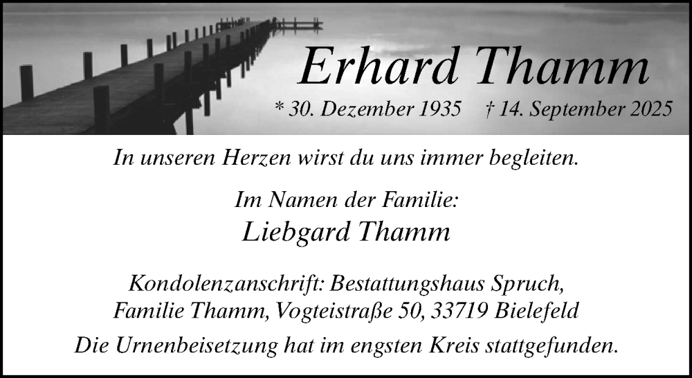  Traueranzeige für Erhard Thamm vom 11.10.2025 aus Neue Westfälische und Westfalen-Blatt