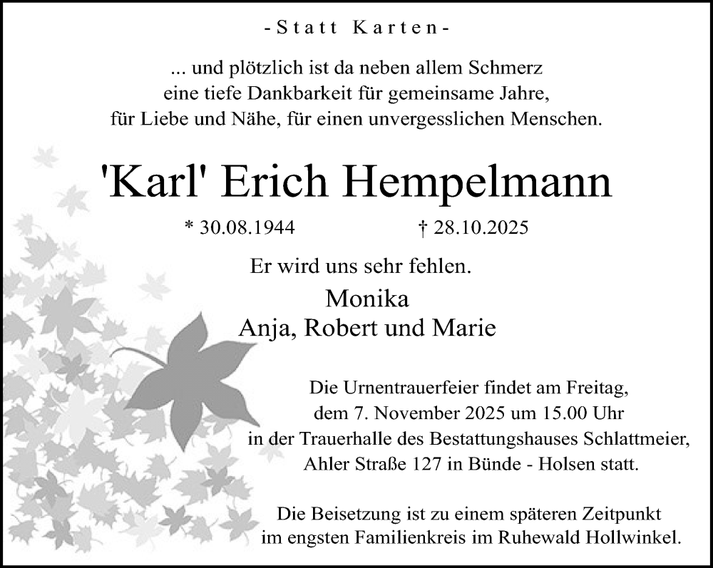  Traueranzeige für Erich Hempelmann vom 31.10.2025 aus Neue Westfälische und Westfalen-Blatt