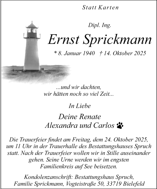 Traueranzeige von Ernst Sprickmann von Neue Westfälische und Westfalen-Blatt