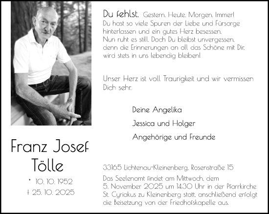 Traueranzeige von Franz Josef Tölle von Neue Westfälische und Westfalen-Blatt