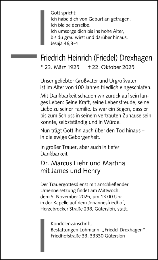 Traueranzeige von Friedrich Heinrich Drexhagen von Neue Westfälische und Westfalen-Blatt