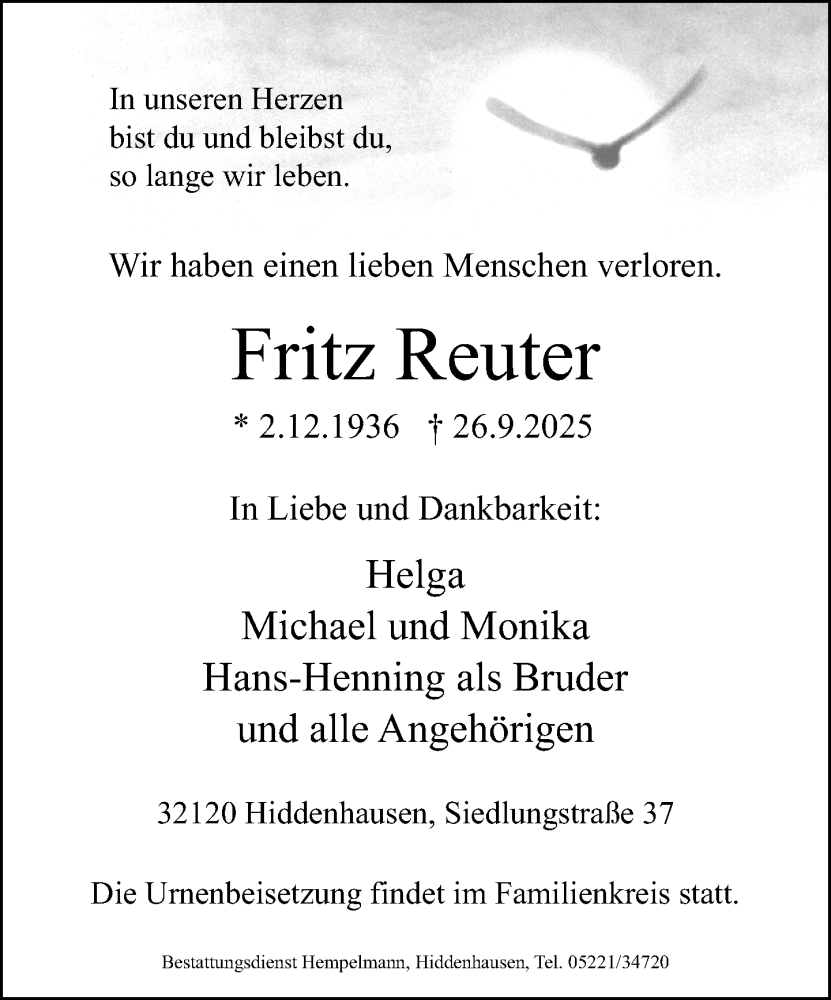  Traueranzeige für Fritz Reuter vom 04.10.2025 aus Neue Westfälische und Westfalen-Blatt