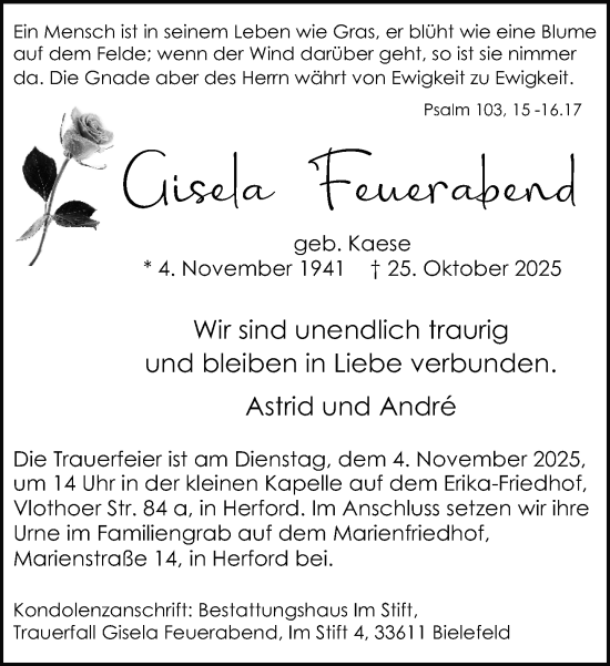 Traueranzeige von Gisela Feuerabend von Neue Westfälische und Westfalen-Blatt