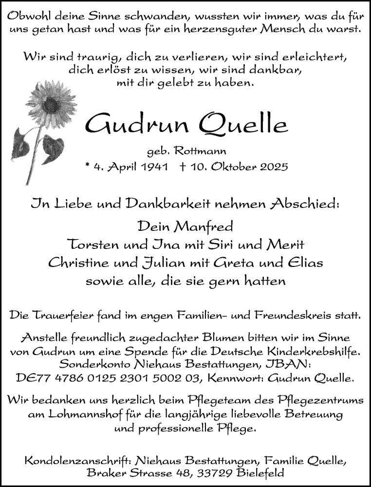  Traueranzeige für Gudrun Quelle vom 31.10.2025 aus Neue Westfälische und Westfalen-Blatt