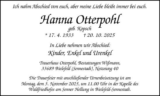Traueranzeige von Hanna Otterpohl von Neue Westfälische und Westfalen-Blatt