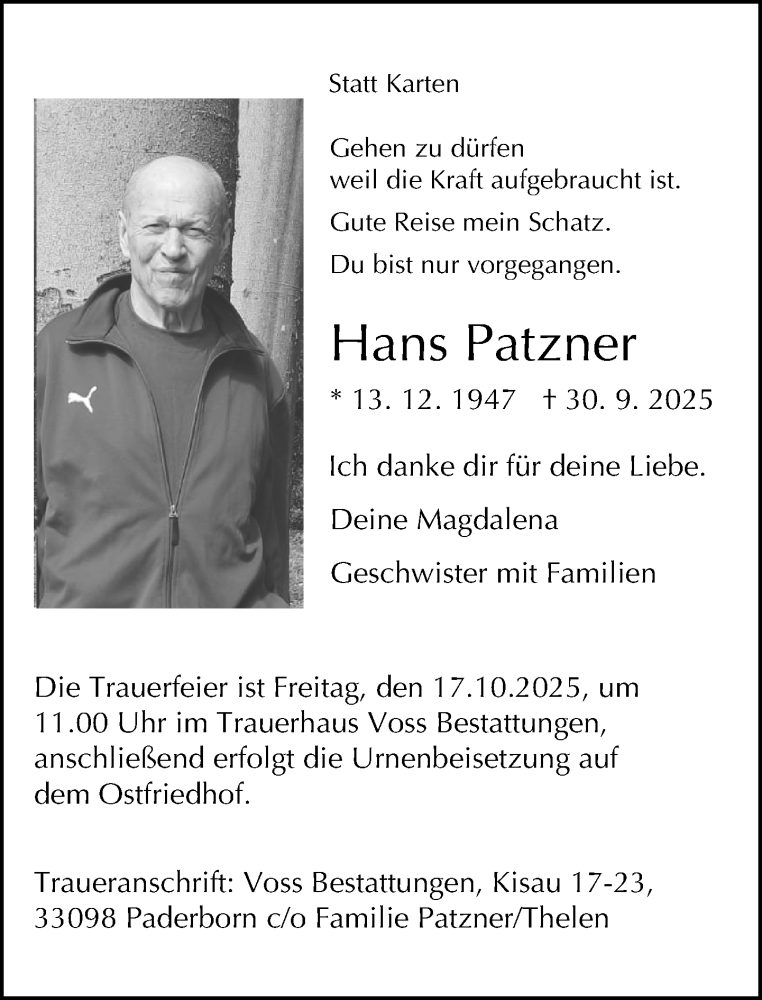  Traueranzeige für Hans Patzner vom 11.10.2025 aus Neue Westfälische und Westfalen-Blatt