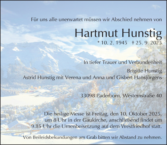 Traueranzeige von Hartmut Hunstig von Neue Westfälische und Westfalen-Blatt