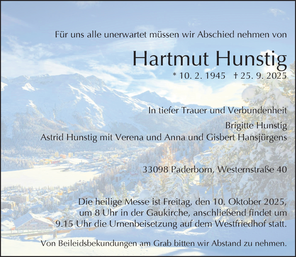  Traueranzeige für Hartmut Hunstig vom 04.10.2025 aus Neue Westfälische und Westfalen-Blatt