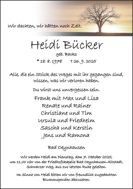 Traueranzeige von Heidi Bücker von Neue Westfälische und Westfalen-Blatt