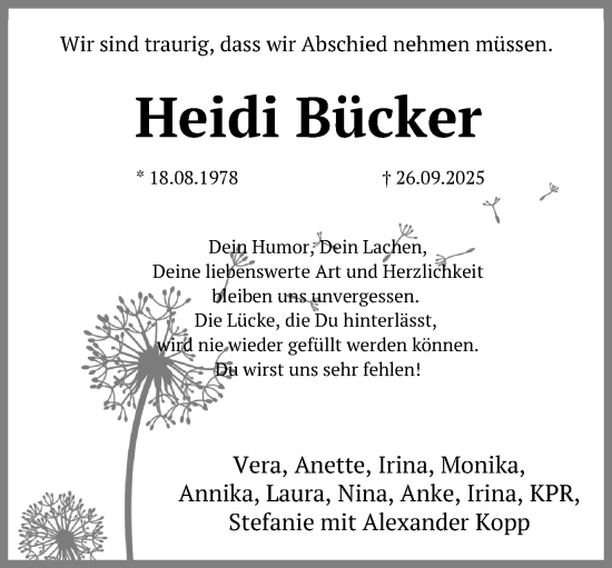 Traueranzeige von Heidi Bücker von Neue Westfälische und Westfalen-Blatt