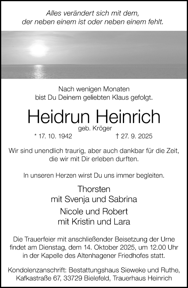  Traueranzeige für Heidrun Heinrich vom 04.10.2025 aus Neue Westfälische und Westfalen-Blatt