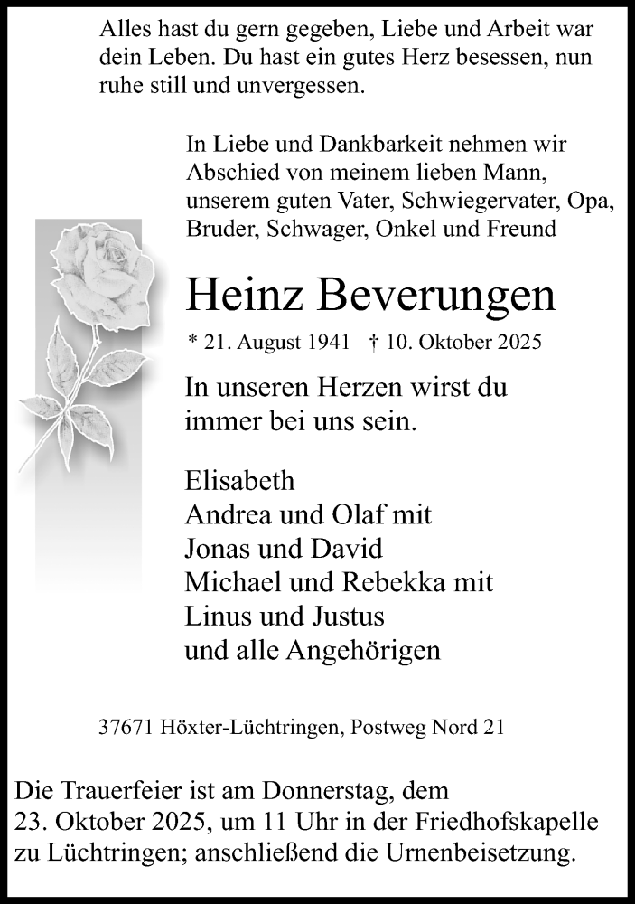  Traueranzeige für Heinz Beverungen vom 18.10.2025 aus Neue Westfälische und Westfalen-Blatt