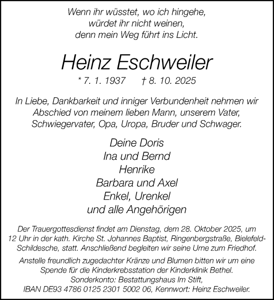 Traueranzeige von Heinz Eschweiler von Neue Westfälische und Westfalen-Blatt