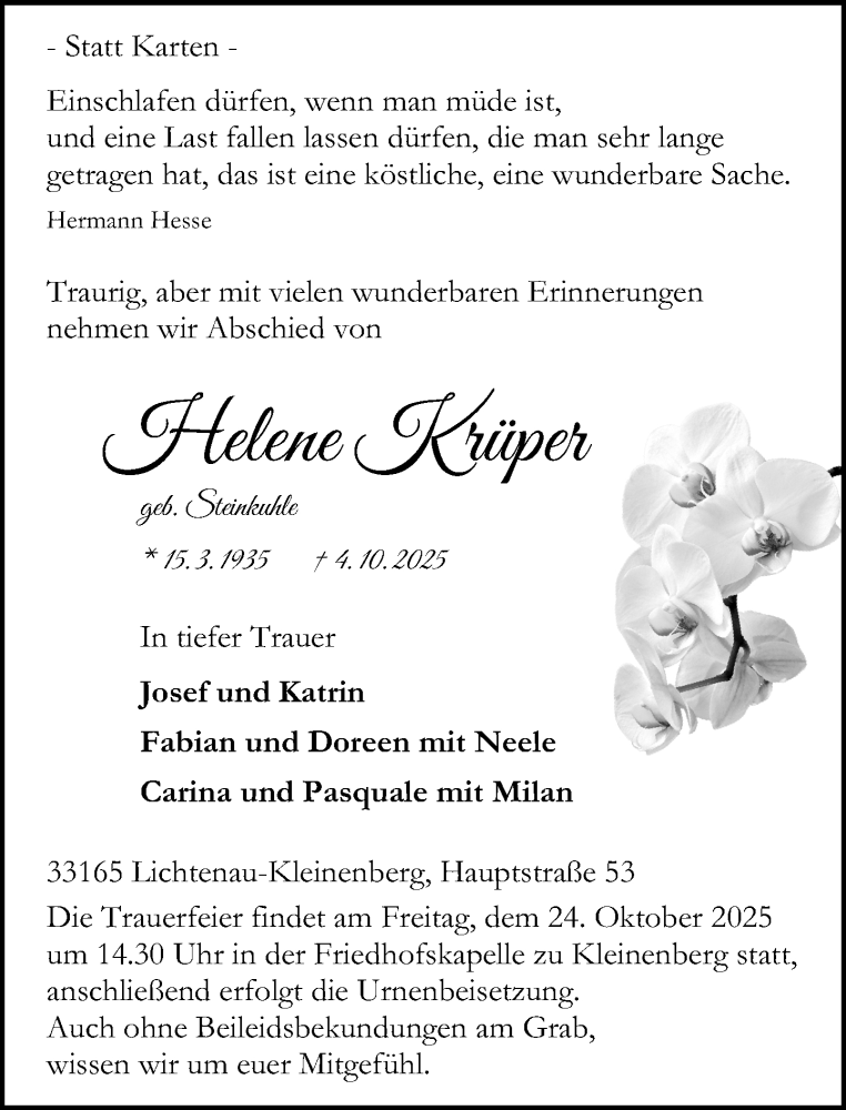  Traueranzeige für Helene Krüper vom 18.10.2025 aus Neue Westfälische und Westfalen-Blatt