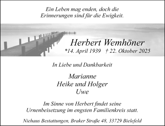 Traueranzeige von Herbert Wemhöner von Neue Westfälische und Westfalen-Blatt