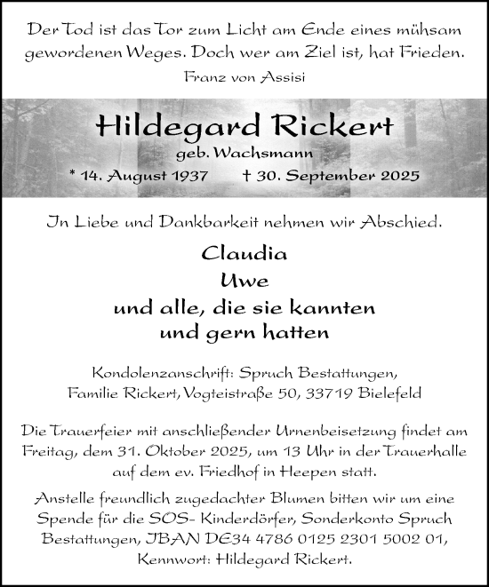 Traueranzeige von Hildegard Rickert von Neue Westfälische und Westfalen-Blatt
