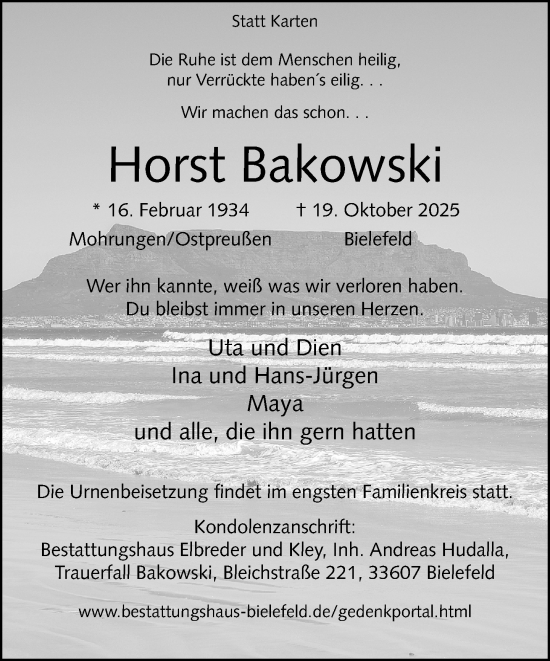 Traueranzeige von Horst Bakowski von Neue Westfälische und Westfalen-Blatt