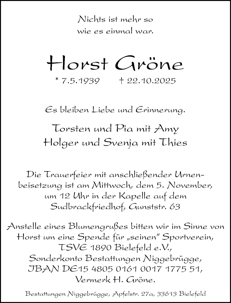  Traueranzeige für Horst Gröne vom 25.10.2025 aus Neue Westfälische und Westfalen-Blatt