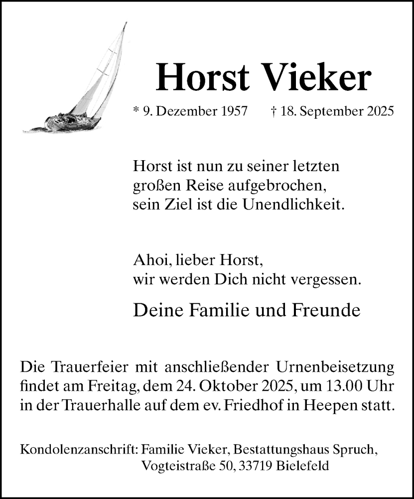  Traueranzeige für Horst Vieker vom 18.10.2025 aus Neue Westfälische und Westfalen-Blatt