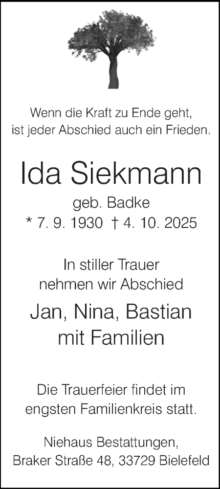 Traueranzeige von Ida Siekmann von Neue Westfälische und Westfalen-Blatt