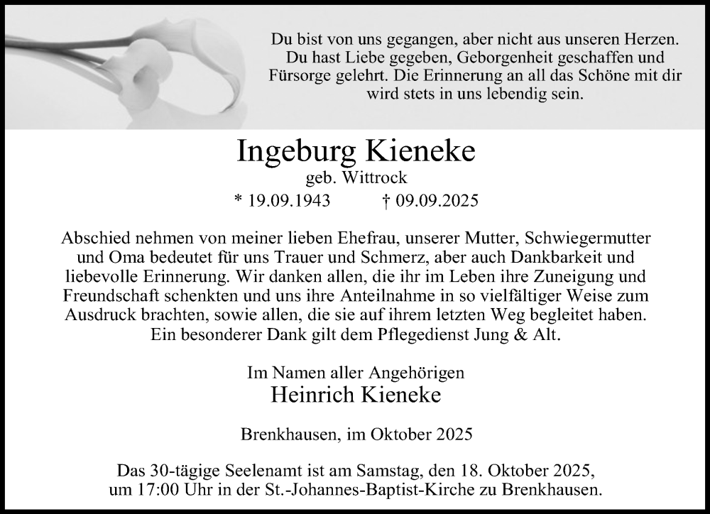  Traueranzeige für Ingeburg Kieneke vom 14.10.2025 aus Neue Westfälische und Westfalen-Blatt