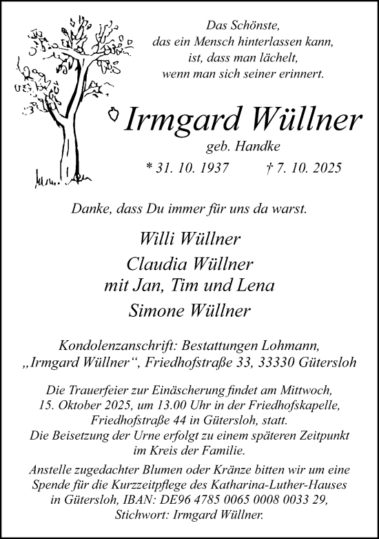 Traueranzeige von Irmgard Wüllner von Neue Westfälische und Westfalen-Blatt