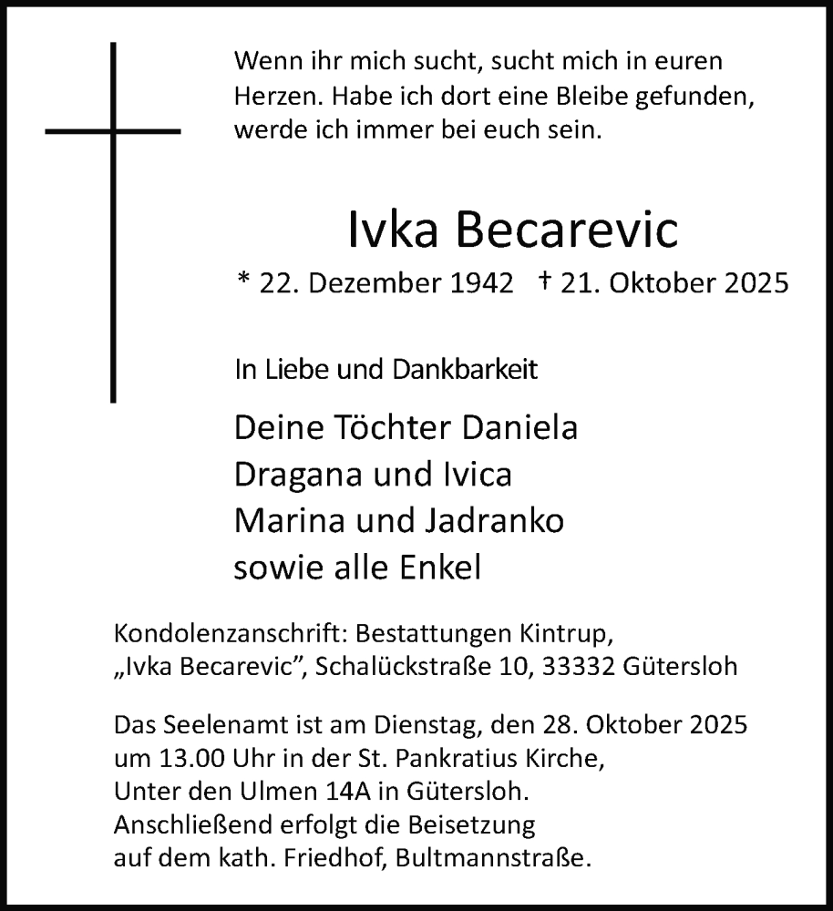  Traueranzeige für Ivka Becarevic vom 25.10.2025 aus Neue Westfälische und Westfalen-Blatt