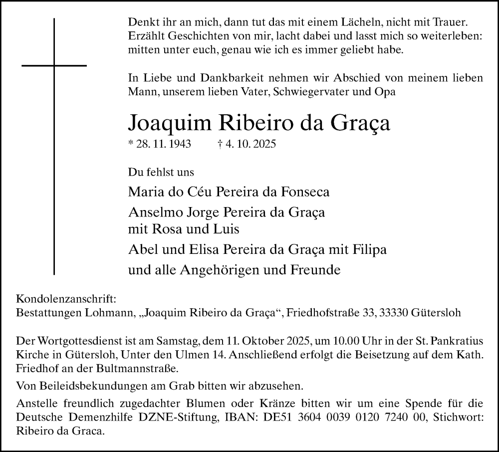  Traueranzeige für Joaquim Ribeiro da Graca vom 08.10.2025 aus Neue Westfälische und Westfalen-Blatt