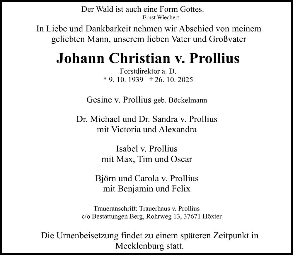  Traueranzeige für Johann Christian von Prollius vom 31.10.2025 aus Neue Westfälische und Westfalen-Blatt
