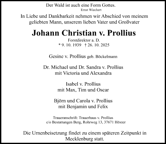 Traueranzeige von Johann Christian von Prollius von Neue Westfälische und Westfalen-Blatt