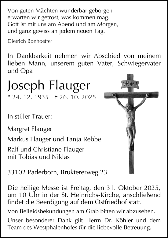 Traueranzeige von Joseph Flauger von Neue Westfälische und Westfalen-Blatt