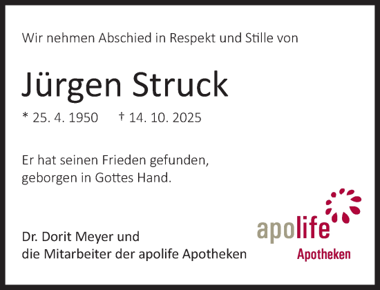 Traueranzeige von Jürgen Struck von Neue Westfälische und Westfalen-Blatt