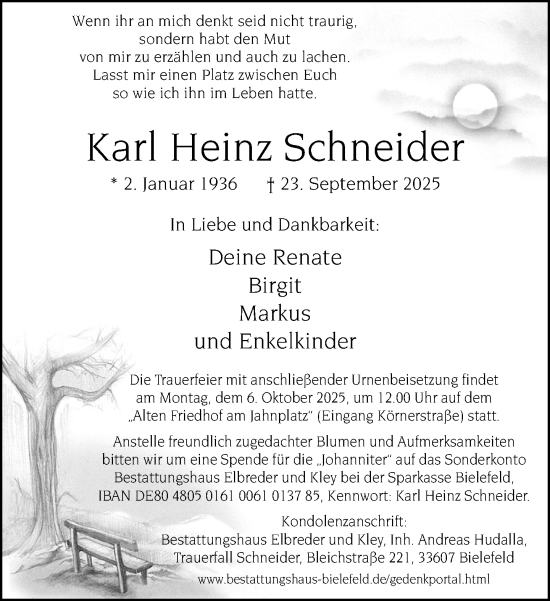 Traueranzeige von Karl Heinz Schneider von Neue Westfälische und Westfalen-Blatt