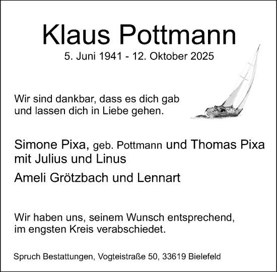 Traueranzeige von Klaus Pottmann von Neue Westfälische und Westfalen-Blatt